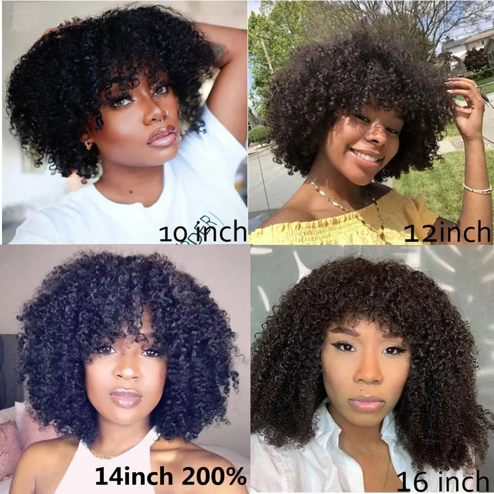 Afro Kinky Curly Human Hair Wig with Bangs | Brazilian Remy Hair | Short Curly Wig Luxegan