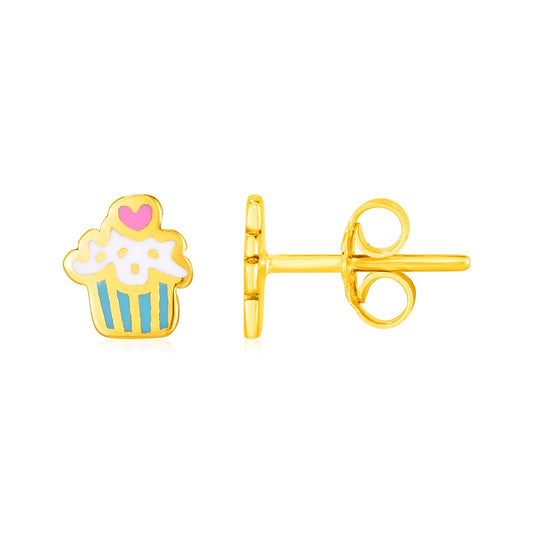 14k Yellow Gold and Enamel Cupcake Stud Earrings - view 2