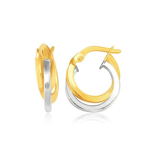 Pendientes de oro de dos tonos de 14k con argolla doble redonda