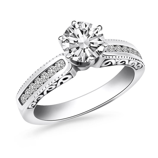 Anillo de compromiso en oro blanco de 14k con engaste de canal y laterales grabados