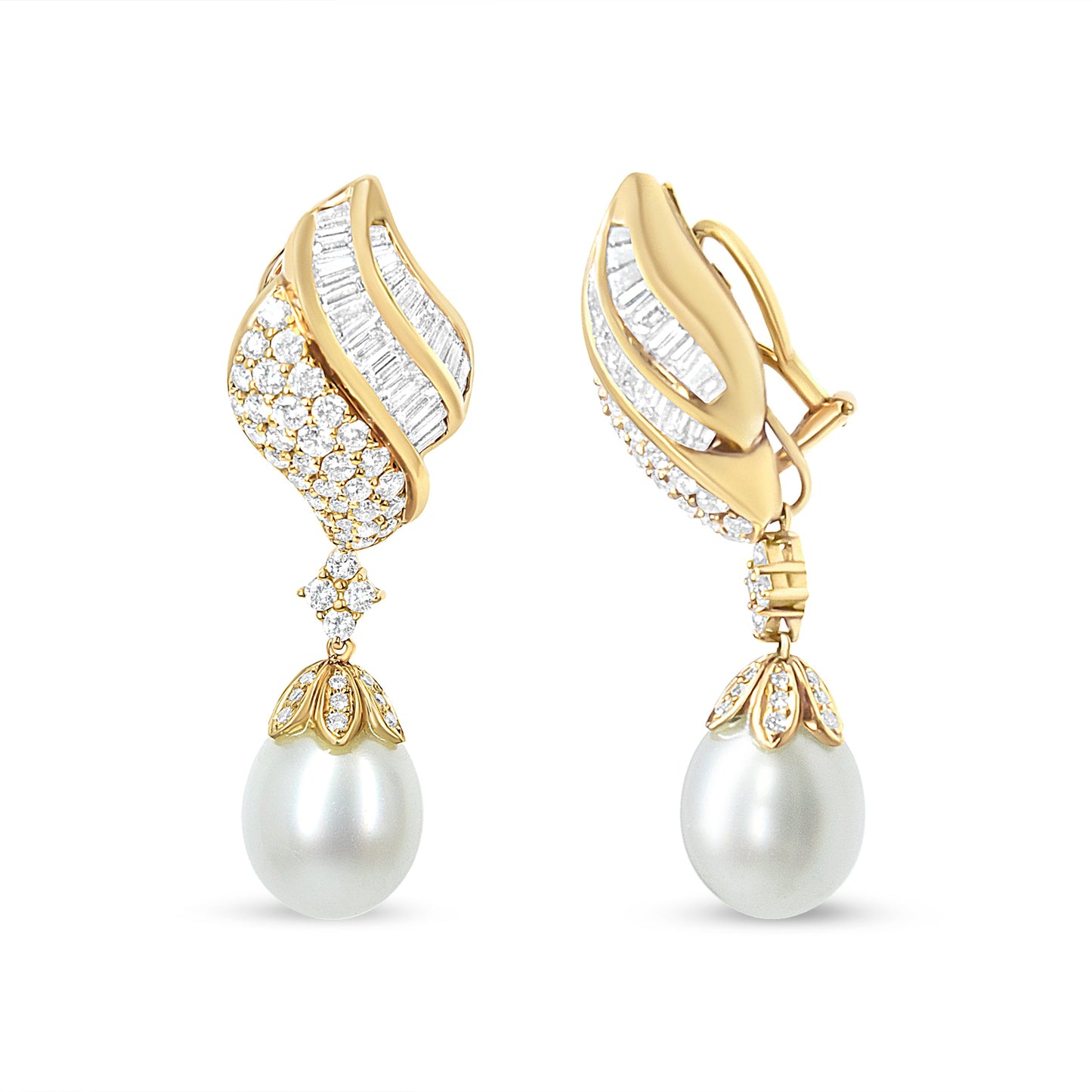 Pendientes Colgantes con Clip de Oro Amarillo de 18k con Perlas de los Mares del Sur, Diamantes Redondos y Talla Baguette de 7.0 Cttw (Color F-G, Claridad VS1-VS2)
