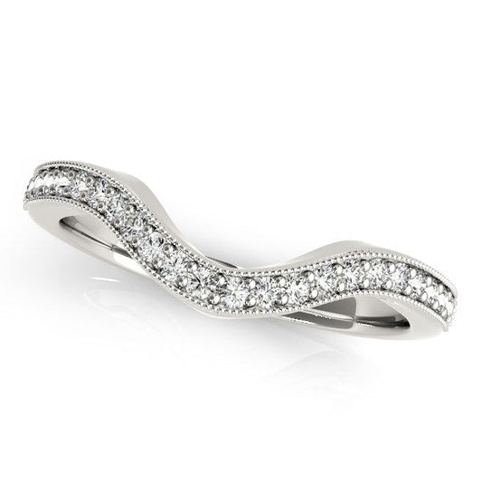 Anillo de boda curvo de oro blanco de 14k con diamantes y borde milgrain (1/5 qt)