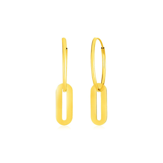 14k Yellow Gold Huggie Style Hoop Earrings with Paperclip Link Drops - view 2