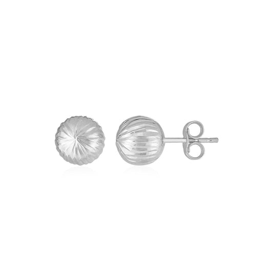 14K White Gold Ball Earrings with Linear Texture - view 2