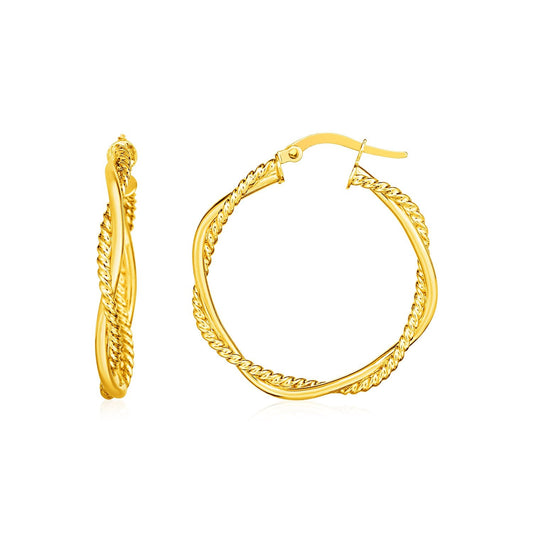 Pendientes de aro redondos retorcidos texturizados de oro amarillo de 14k de dos piezas
