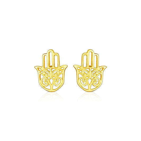 Pendientes de oro amarillo de 14k con poste y mano de Hamsa pulida