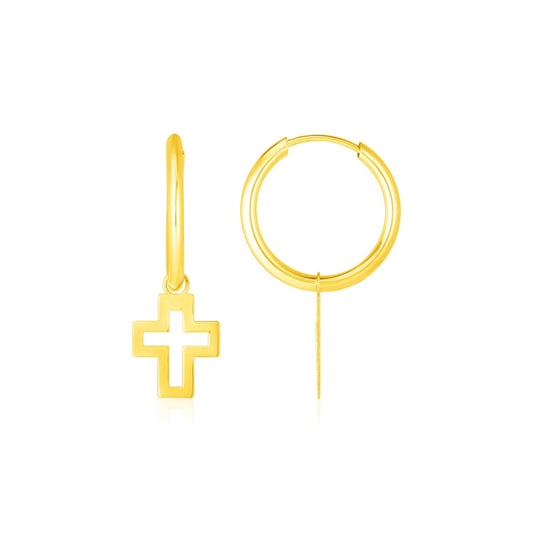 14K Yellow Gold Hoop Polished Earrings with Crosses - view 2