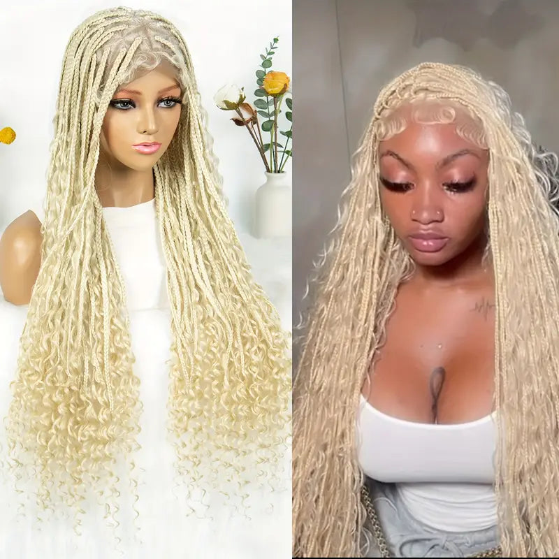 613 Blonde Boho Box Braids Wig | Human Hair | 300 Density | Full Lace | Curly Ends Luxegan