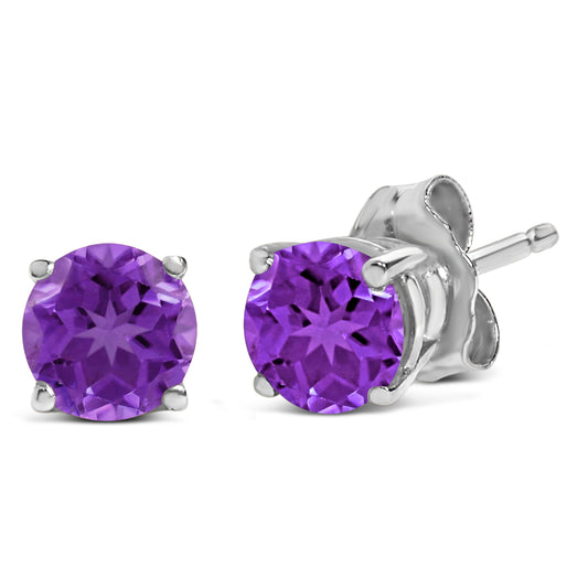 Pendientes de solitario de amatista morada redonda de 5x5 mm en oro blanco de 14K
