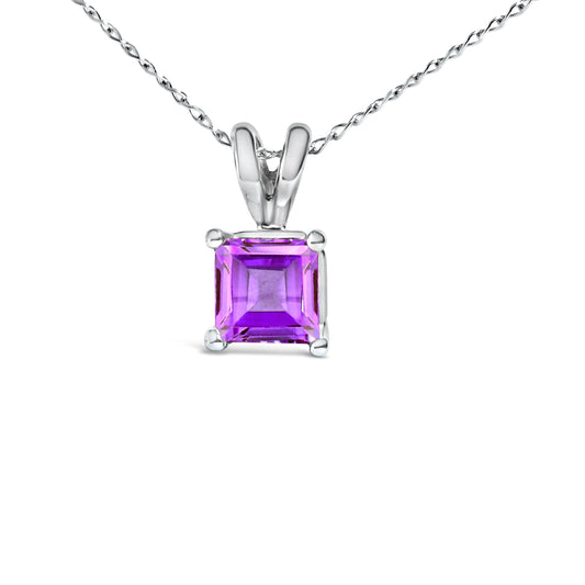 Collar con colgante solitario de amatista morada de oro blanco de 14 quilates con forma cuadrada de 5x5 mm