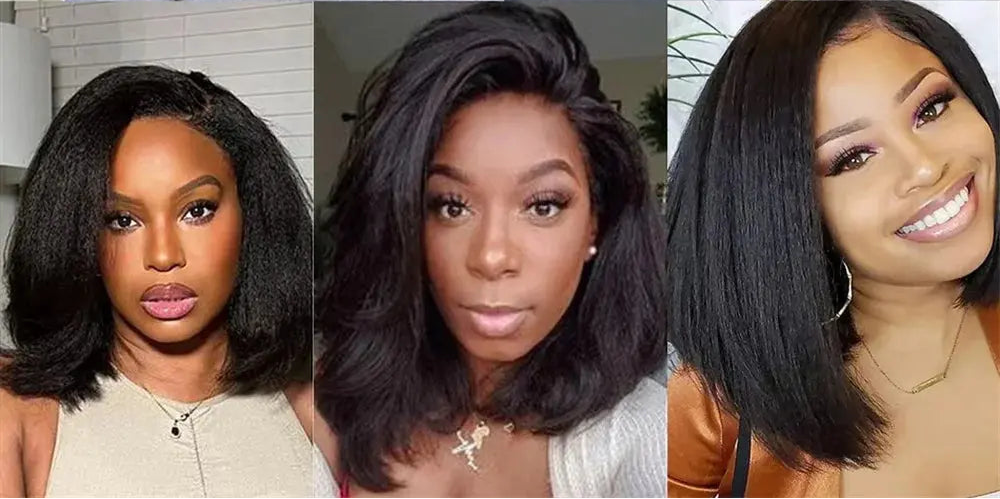 Glueless | Kinky | Straight | Frontal | 100% Human Hair | Wear And Go | Bob | 12A Peruvian Hair | Short | Yaki Straight Wigs
