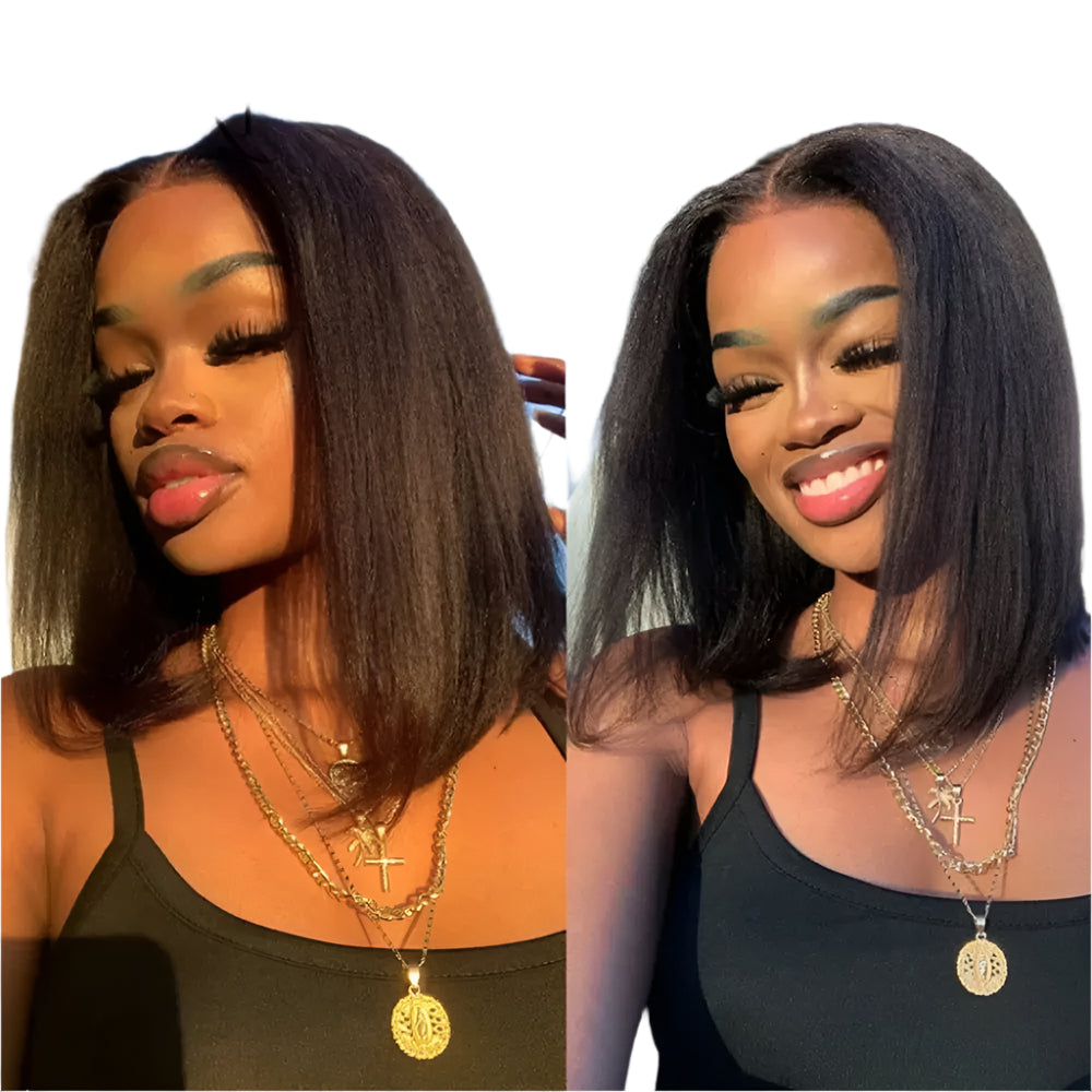 Glueless | Kinky | Straight | Frontal | 100% Human Hair | Wear And Go | Bob | 12A Peruvian Hair | Short | Yaki Straight Wigs