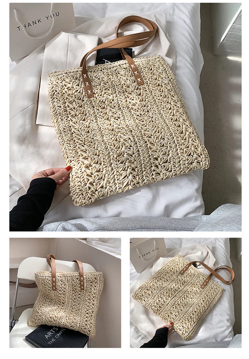 Summer Hollow Out Straw Bag Women | Large Capacity Handmade Weave Shoulder Totes Bag | Travel Beach Bag Shopping Pouch Luxegan