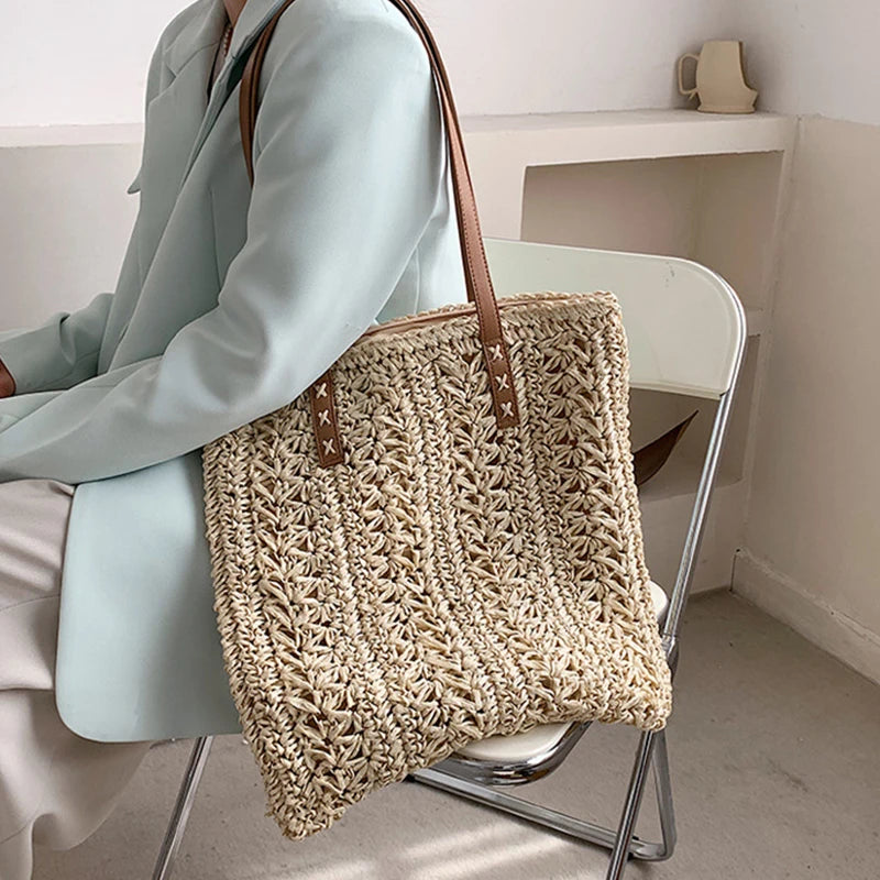 Summer Hollow Out Straw Bag Women | Large Capacity Handmade Weave Shoulder Totes Bag | Travel Beach Bag Shopping Pouch Luxegan