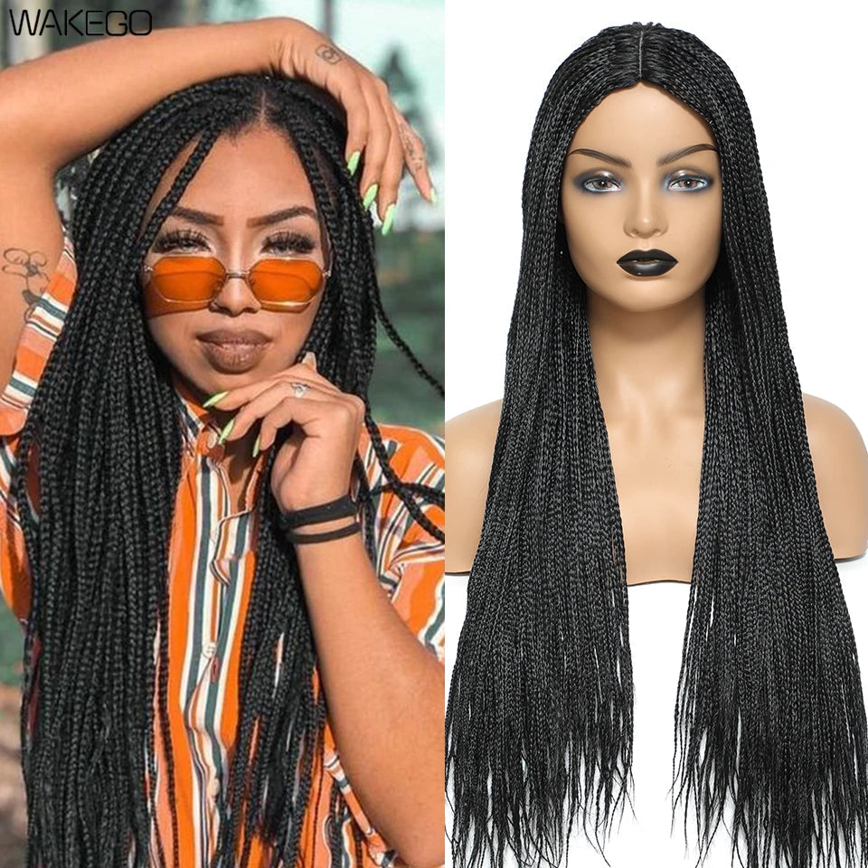 Wakego 26 Inch Ombre Box Braided Wigs For Black Women Braided Wig Fake Scalp Heat Resistant Braiding Hair Wig Peruca Sintetica Luxegan
