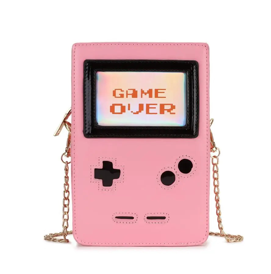 Fun Fashion Pink Game Machine Handbag | "GAME OVER" Retro PU Leather Ladies Purse | Unique Hard-Shell Flap Clutch & Crossbody Bag | Fashion-Forward Novelty Shoulder Bag (Model 2019-8-F) Luxegan