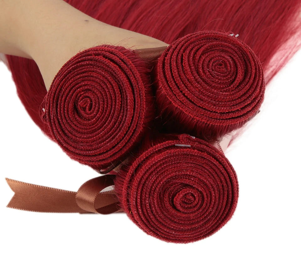 Red & Blonde Highlight Straight Bundles with Closure | 3 Pcs Brazilian Remy Human Hair Weave Extensions Luxegan