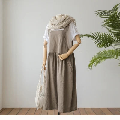 Women's Plus Size Cotton Linen Style Tank Dress | Summer Solid Color Knee-Length Vestido | Casual Square Collar Sleeveless Robe with Pockets | Premium Tatting Regular Fit A-Line Dress Model KE02 Luxegan