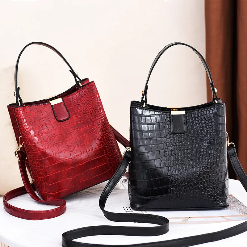 Crocodile Pattern Bucket Shoulder Bag | Large Capacity Handbag & Crossbody Purse Luxegan