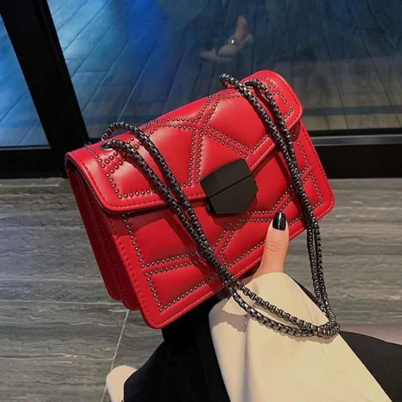 Rivet Chain Small Crossbody Bag for Women | 2022 Luxury Shoulder Messenger Bag (Trendy Lady Handbag with Flap Cover) Luxegan