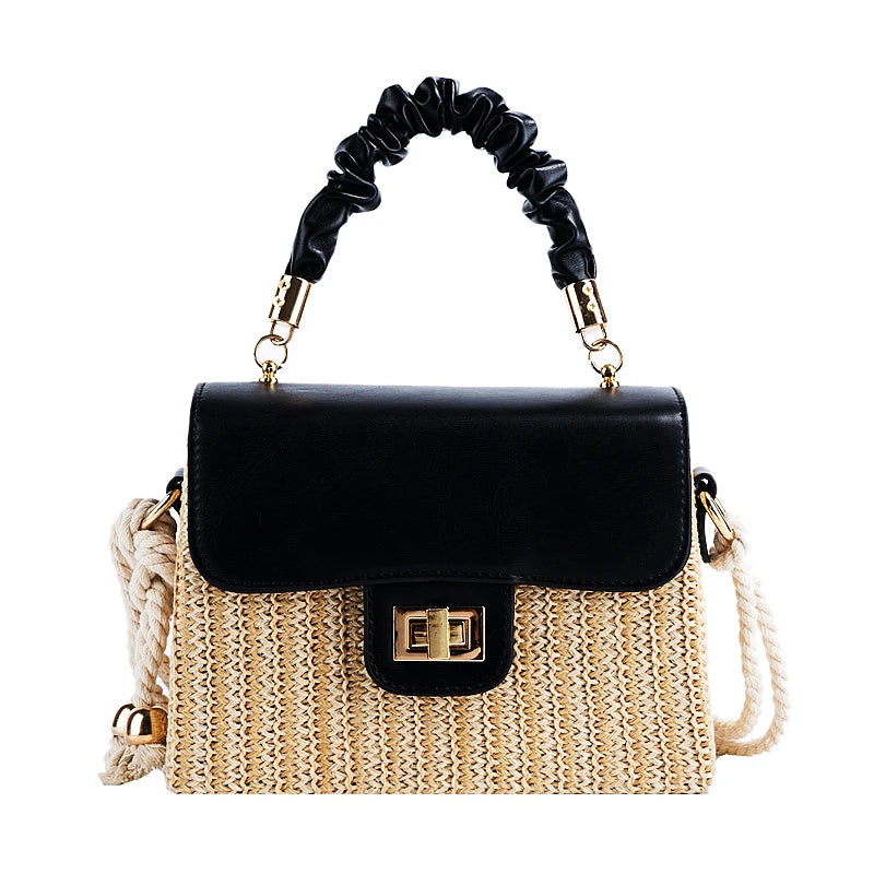 Summer Luxury Designer Straw Beach Bag | Vintage Contrast Color Flap Handbag with Pleated Handle | Hard Structured Woven Crossbody Purse & Lock Shoulder Bag Luxegan