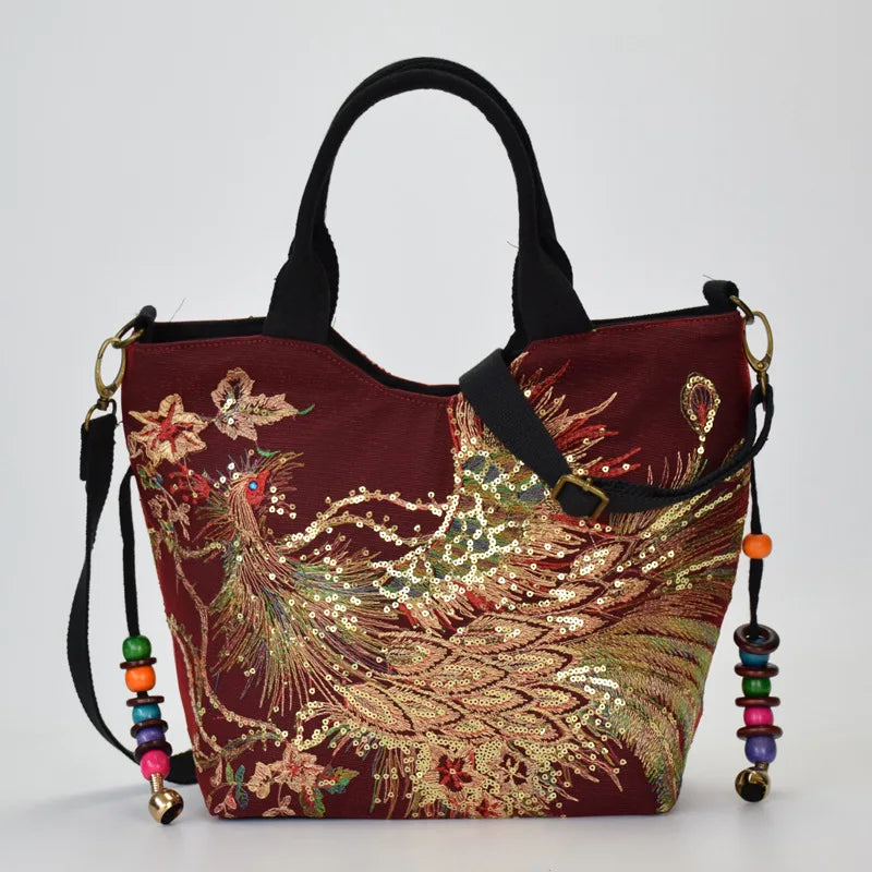 Ethnic Style Sequins Tote Bag | Peacock Embroidery Handbags & Vintage Canvas Crossbody Bag Luxegan