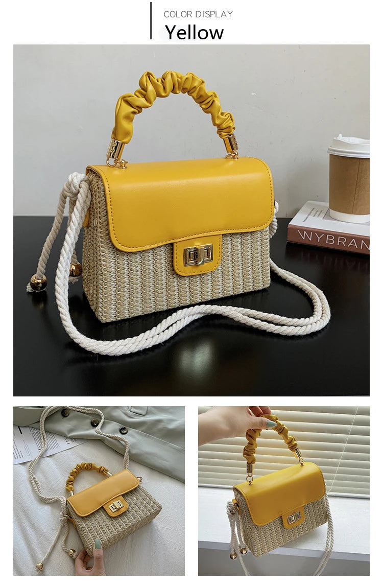 Summer Luxury Designer Straw Beach Bag | Vintage Contrast Color Flap Handbag with Pleated Handle | Hard Structured Woven Crossbody Purse & Lock Shoulder Bag Luxegan