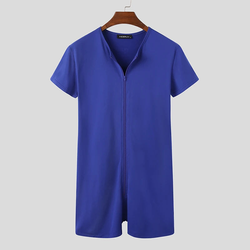 Men's Solid Color Pajamas Romper | Sophisticated "Fitness" Leisure Jumpsuit | Elegant Short Sleeve Cozy Homewear | "Dignified" High-Performance Summer Sleepwear for Radiant Versatile Styling Luxegan