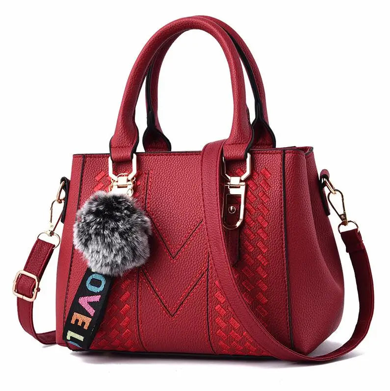 Soft PU Leather Embroidered Satchel | Fur Ball Messenger Handbag Luxegan