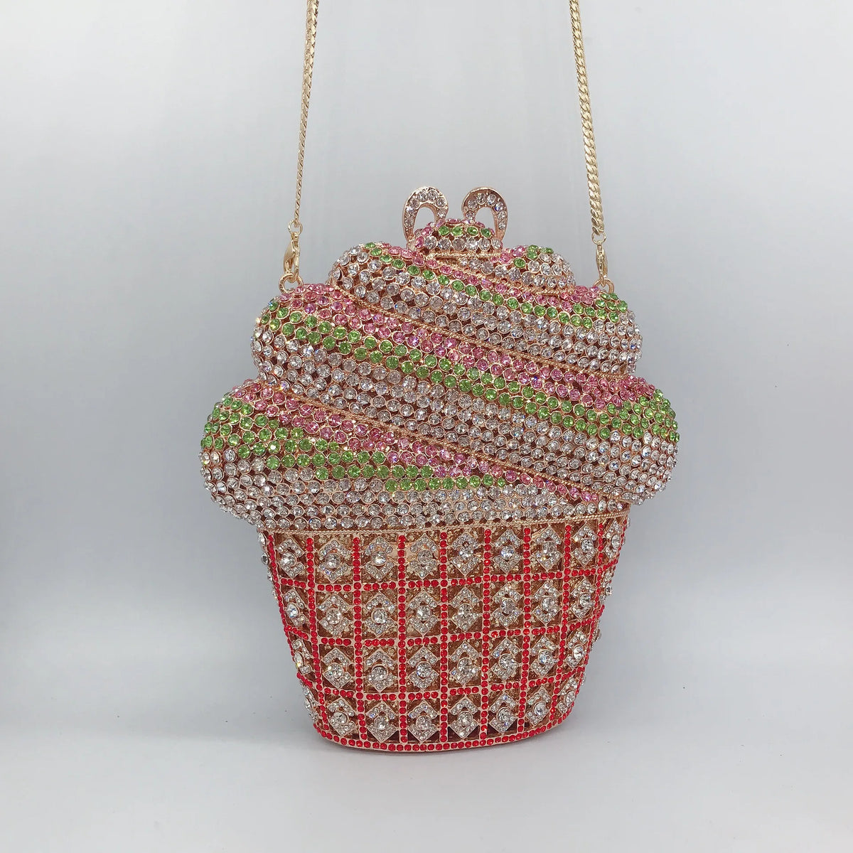 Luxury Crystal Ice Cream Evening Clutch | Sophisticated Diamond-Encrusted Cupcake Bag | Elegant Gold & Silver Wedding Party Prom Purse | "Dignified" Bespoke Handbag with Chain Strap Luxegan