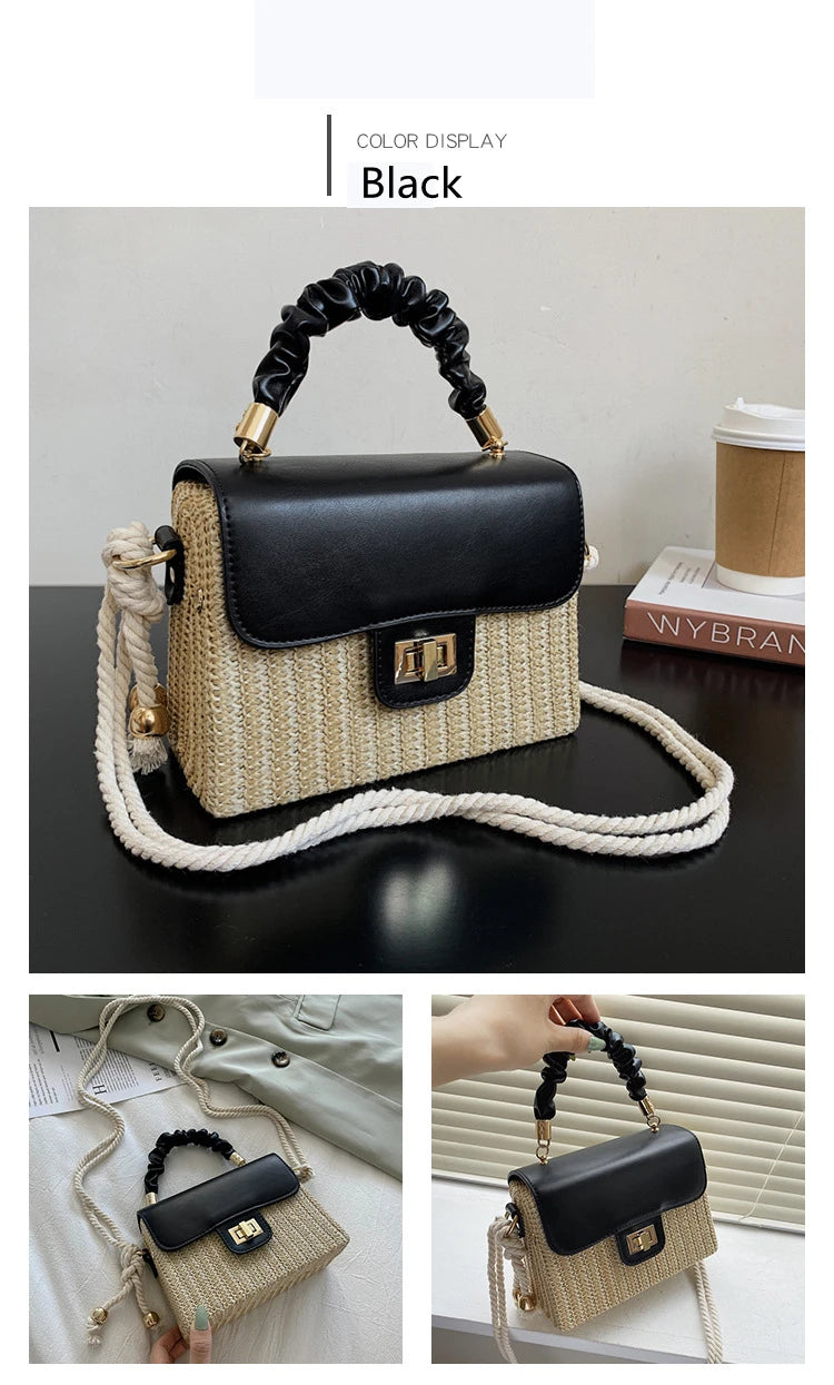 Summer Luxury Designer Straw Beach Bag | Vintage Contrast Color Flap Handbag with Pleated Handle | Hard Structured Woven Crossbody Purse & Lock Shoulder Bag Luxegan
