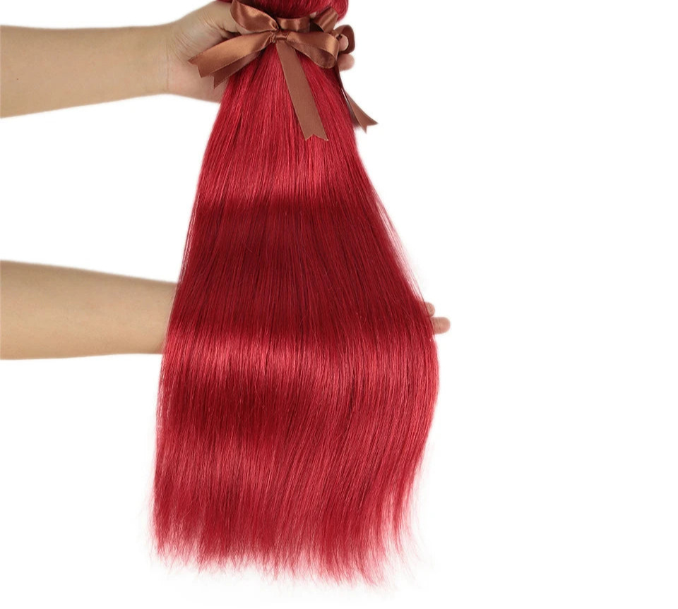 Red & Blonde Highlight Straight Bundles with Closure | 3 Pcs Brazilian Remy Human Hair Weave Extensions Luxegan