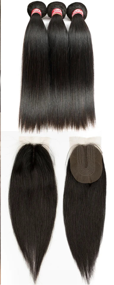 Brazilian Straight Human Hair Bundles with 2x4 Lace Closure | 3 Bundles & Closure Set Luxegan