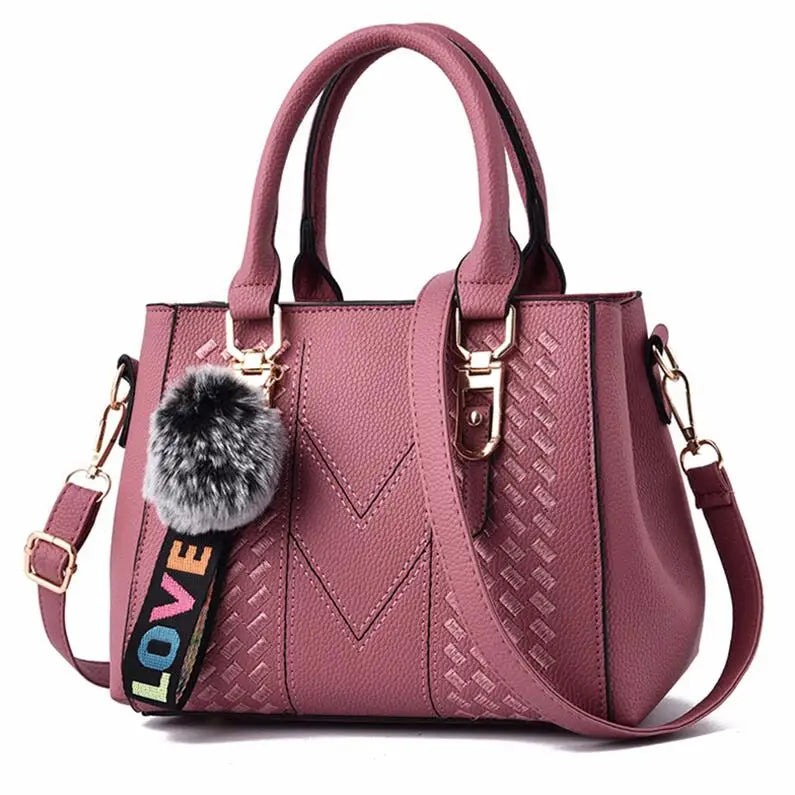 Women’s Embroidered Leather Handbag | Casual Satchel Messenger Bag | Ladies' Large Capacity Shoulder Bag with Decorative Hairball Pendant | Versatile PU Leather Top-Handle Bag Luxegan