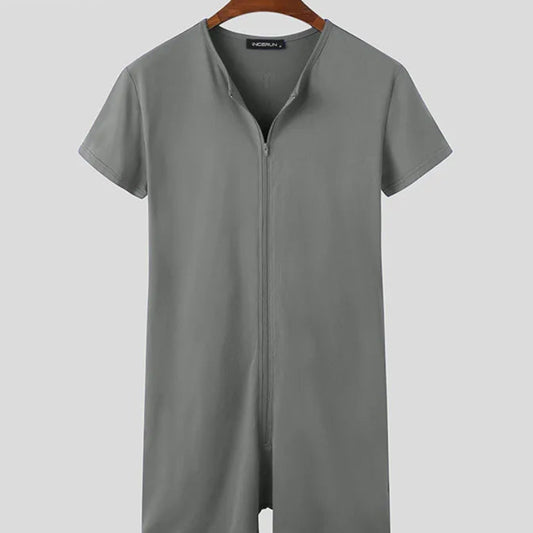 Men's Solid Color Pajamas Romper | Sophisticated "Fitness" Leisure Jumpsuit | Elegant Short Sleeve Cozy Homewear | "Dignified" High-Performance Summer Sleepwear for Radiant Versatile Styling Luxegan