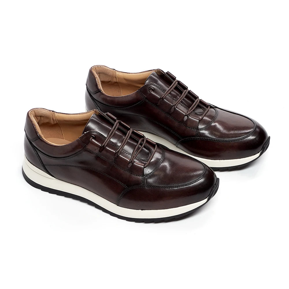 Men's Genuine Leather Casual Flat Shoes | Sophisticated Round Toe Lace-Up Silhouette | Elegant "Hard-Wearing" All-Season Footwear | "Dignified" Anti-Slippery Running Style Sneakers for Radiant Versatile Styling Luxegan