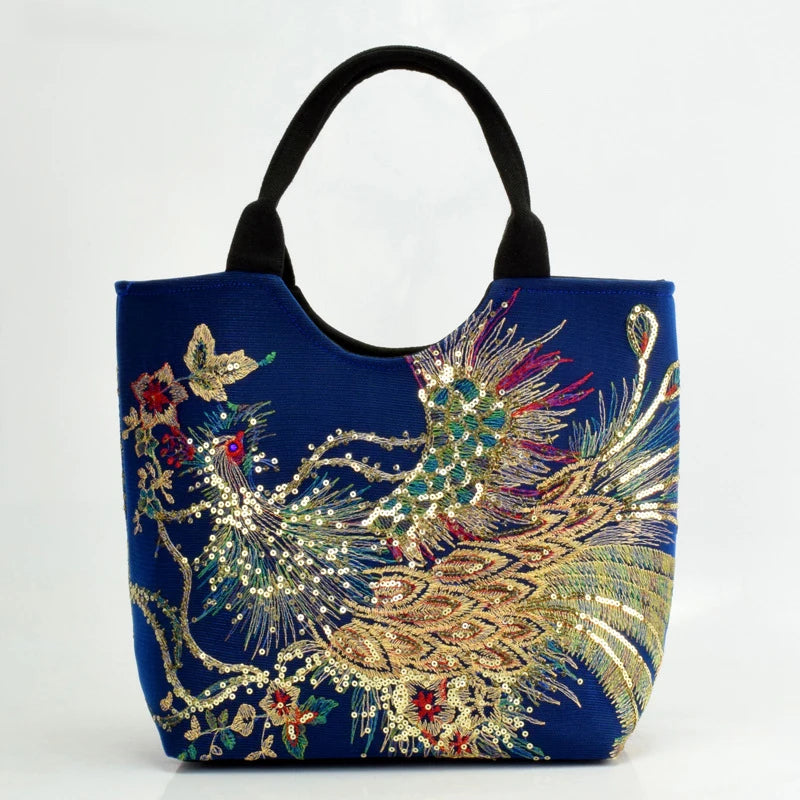 Ethnic Style Sequins Tote Bag | Peacock Embroidery Handbags & Vintage Canvas Crossbody Bag Luxegan