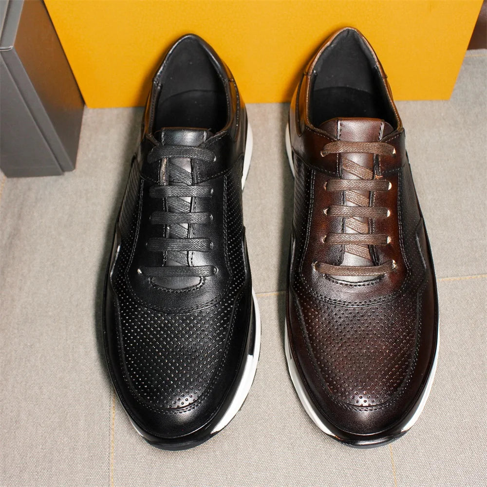 Men's Casual Leather Skateboarding Shoes | Sophisticated Genuine Leather Panel Detail | Elegant "Top Quality" Printed Walking Shoes | "Dignified" All-Season Rubber Sole Oxfords for Radiant Versatile Styling Luxegan