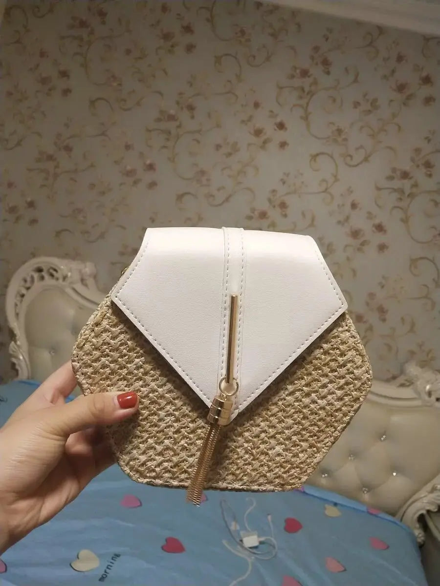 Hexagon Multi-Style Straw + Leather Handbag | Sophisticated Handmade Woven Rattan Summer Bag | Elegant Circle Bohemia Beach Bag | Fashion-Forward Hard-Shell Shoulder Flap with Tassel Accent Luxegan