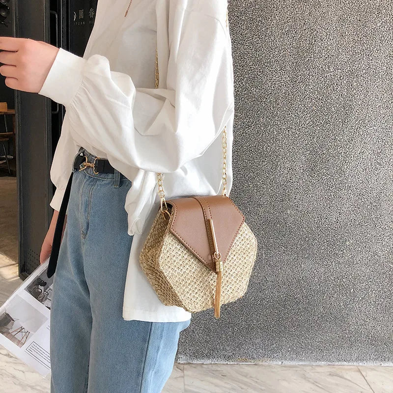 Hexagon Multi-Style Straw + Leather Handbag | Sophisticated Handmade Woven Rattan Summer Bag | Elegant Circle Bohemia Beach Bag | Fashion-Forward Hard-Shell Shoulder Flap with Tassel Accent Luxegan