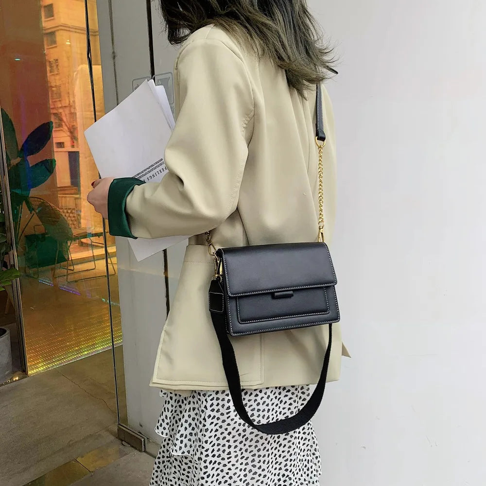 Leather Contrast Color Flap Bag | Chain Detail Shoulder & Messenger Bag Luxegan