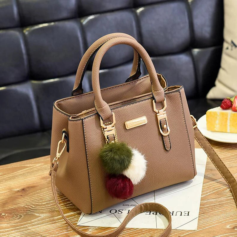 Women’s Embossed Beading Pendant Handbag | High-Quality Ladies Shoulder Bag with Hairball Charm | Elegant Tassel Messenger Bag | Versatile PU Leather Fashion Tote Luxegan