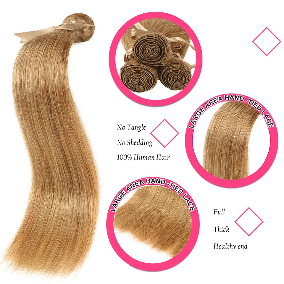 #27/30 Honey Blonde Auburn Straight Human Hair Bundles | Premium Brazilian Remy Human Hair Weaving | Multidimensional Highlighted Sew-In Extension Bundles (3-Piece Multipack) Luxegan