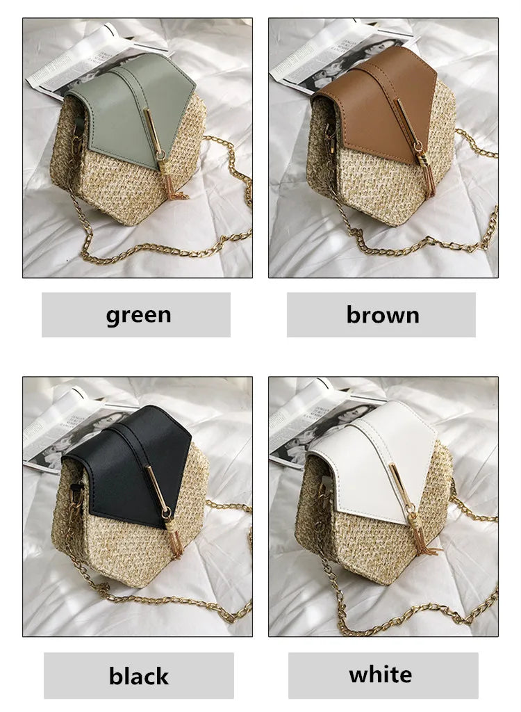Hexagon Multi-Style Straw + Leather Handbag | Sophisticated Handmade Woven Rattan Summer Bag | Elegant Circle Bohemia Beach Bag | Fashion-Forward Hard-Shell Shoulder Flap with Tassel Accent Luxegan