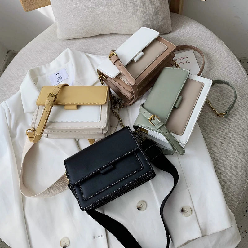 Leather Contrast Color Flap Bag | Chain Detail Shoulder & Messenger Bag Luxegan