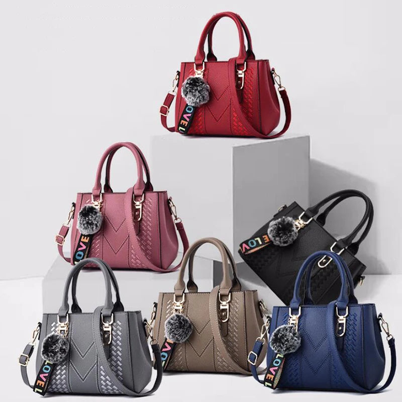 Women’s Embroidered Leather Handbag | Casual Satchel Messenger Bag | Ladies' Large Capacity Shoulder Bag with Decorative Hairball Pendant | Versatile PU Leather Top-Handle Bag Luxegan