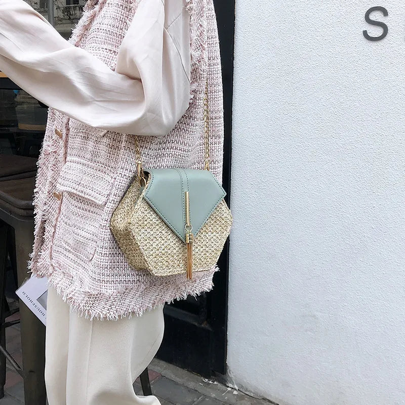 Hexagon Multi-Style Straw + Leather Handbag | Sophisticated Handmade Woven Rattan Summer Bag | Elegant Circle Bohemia Beach Bag | Fashion-Forward Hard-Shell Shoulder Flap with Tassel Accent Luxegan