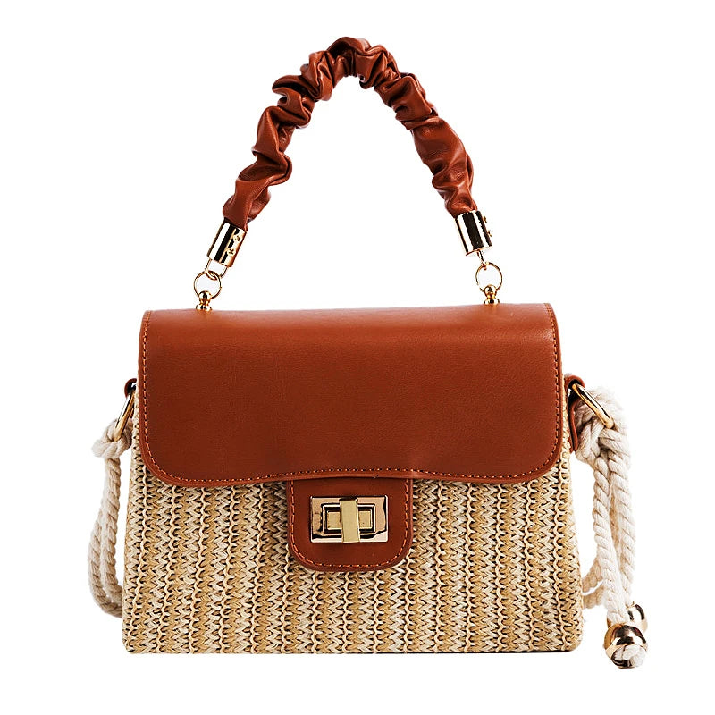Summer Luxury Designer Straw Beach Bag | Vintage Contrast Color Flap Handbag with Pleated Handle | Hard Structured Woven Crossbody Purse & Lock Shoulder Bag Luxegan