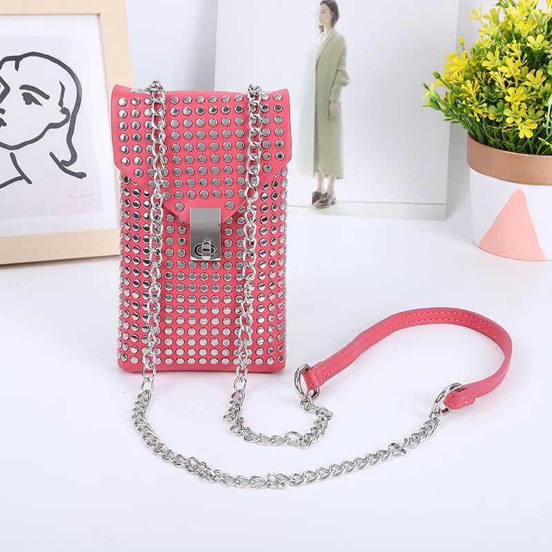 PU Leather Mini Shoulder & Crossbody Bag for Women | Rivet Flap Chain Designer Purse (Retro Phone Bag, Hip-Hop Style) Luxegan
