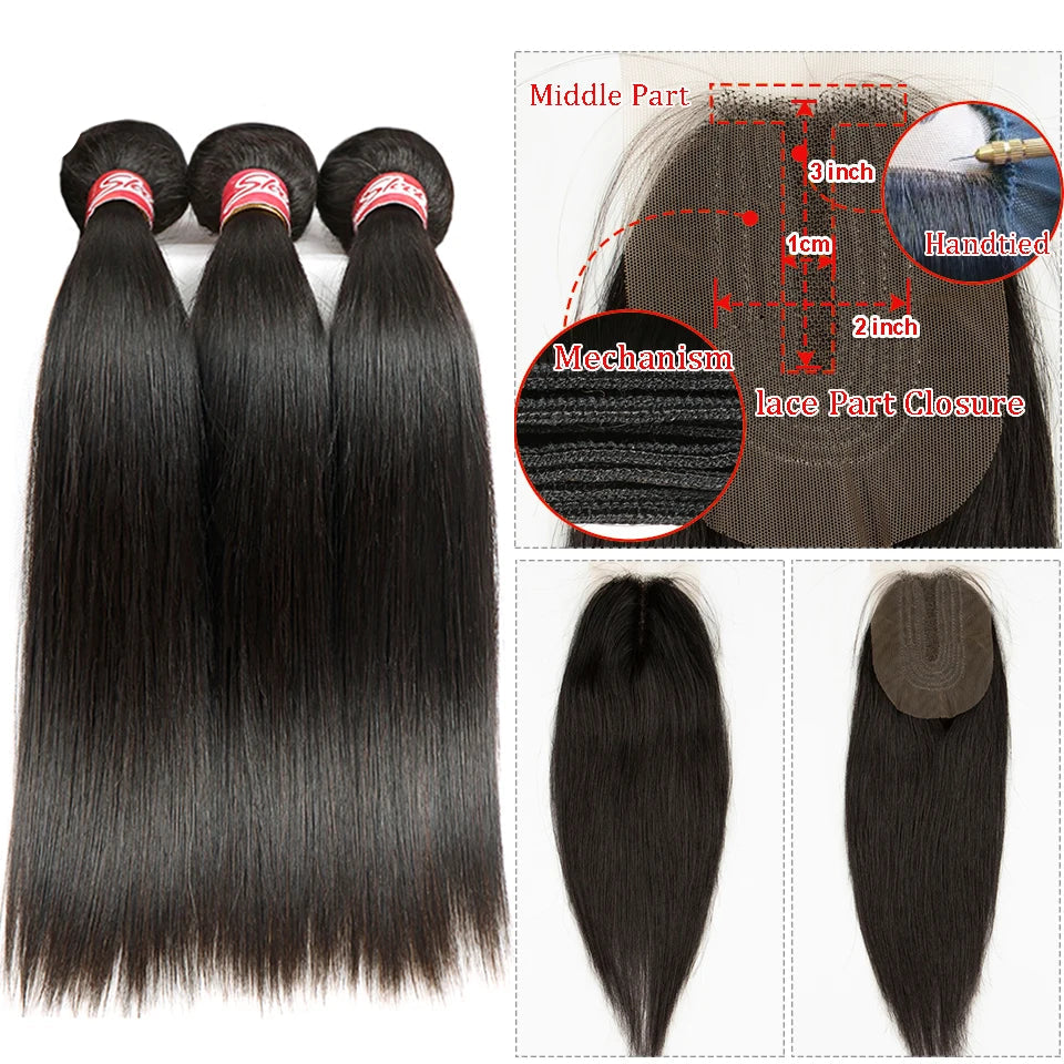 Brazilian Straight Human Hair Bundles with 2x4 Lace Closure | 3 Bundles & Closure Set Luxegan